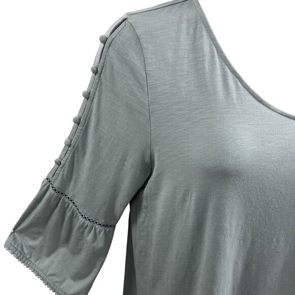 J Jill Womens L Sage Boho Tunic Top Button Detail Sleeves Pom Pom Trim Stretchy - Picture 3 of 15